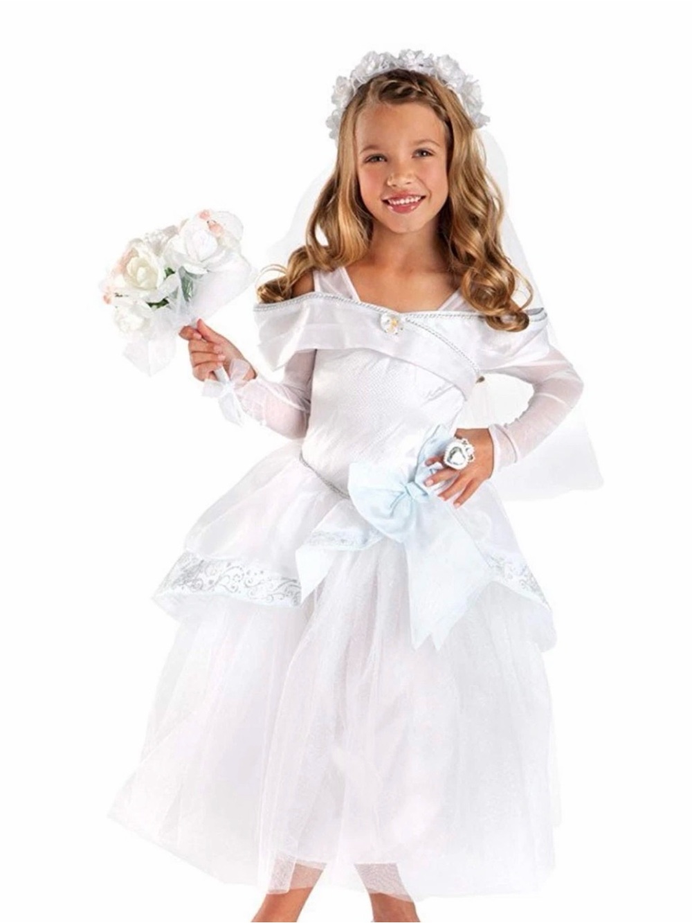 Disney Store Girls CINDERELLA White WEDDING Gown Costume DRESS sz 5-6 w/ VEIL